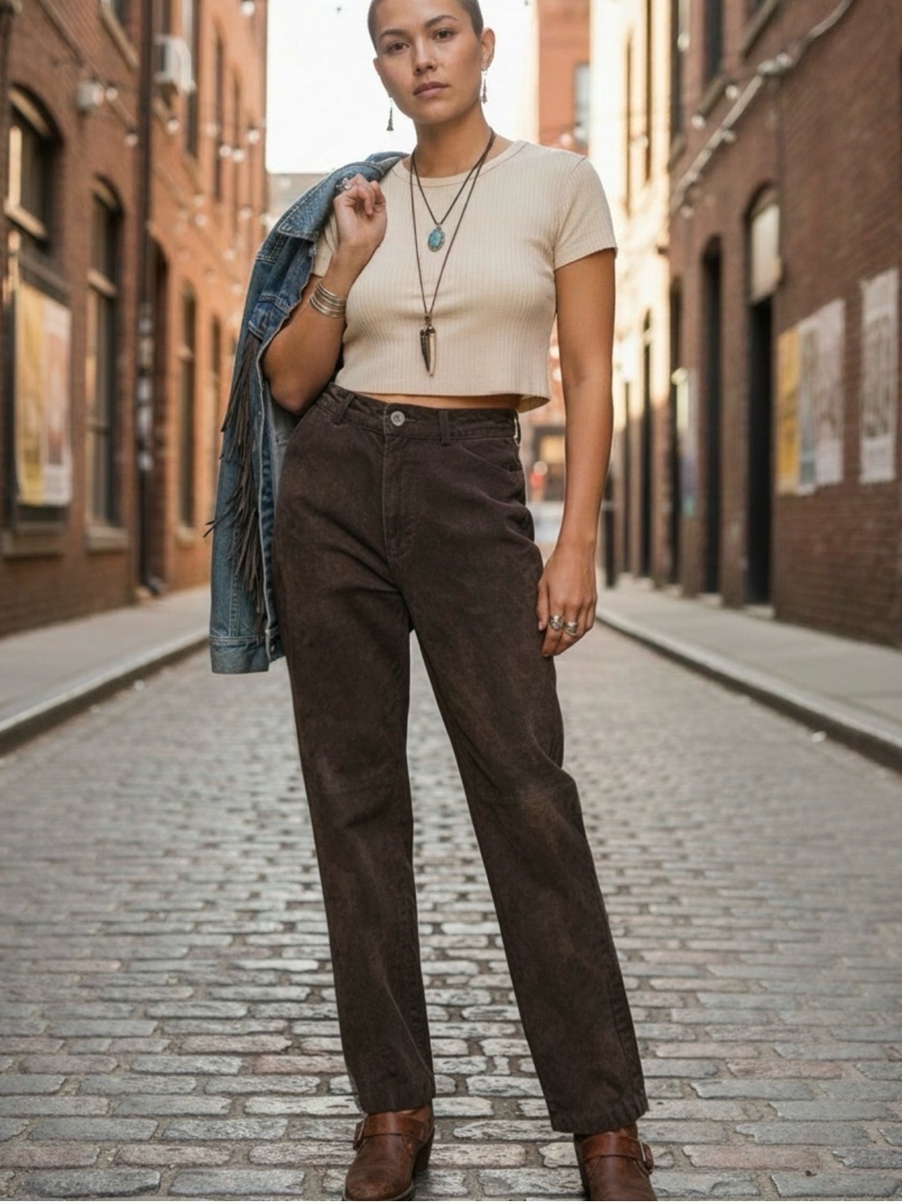 90s YVONNE MARIE SOFT SUEDE LEATHER BROWN BOHO ROCKABILLY HIGH WAISTED PANTS 8